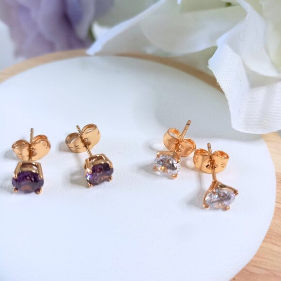 🟣✨Set of 2 Pairs of Earrings – Rose Gold Plated with Amethyst & Clear Crystals - Picture 2 of 6